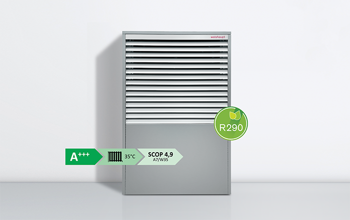En grå varmepumpe med en ribbet front står mod en hvid væg, med mærkninger for energieffektivitet A+++, en driftstemperatur på 35°C, SCOP på 4,9, og R290 kølemiddel.