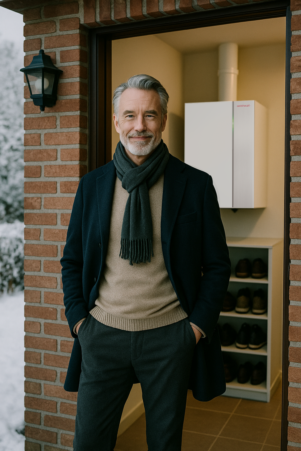 En mand med gråt hår og skæg står smilende i en døråbning. Han har en mørk frakke og et tørklæde på. Bag ham ses en hylde med sko og en hvid enhed, der ligner en kedel. Udenfor er der sne på buskene.