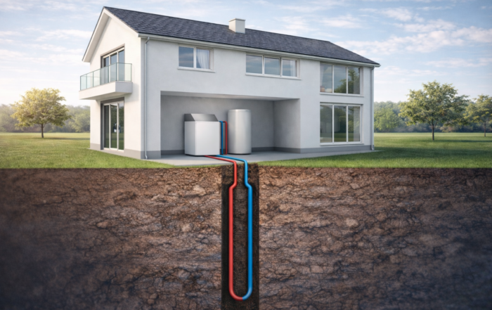 Principskitse over vertikal jordvarme med borehulsdybde og røranlæg